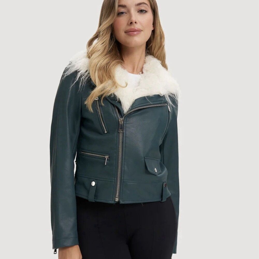 Noize Vegan Leather Moto Jacket Womens XS Green Faux Fur Collar Biker